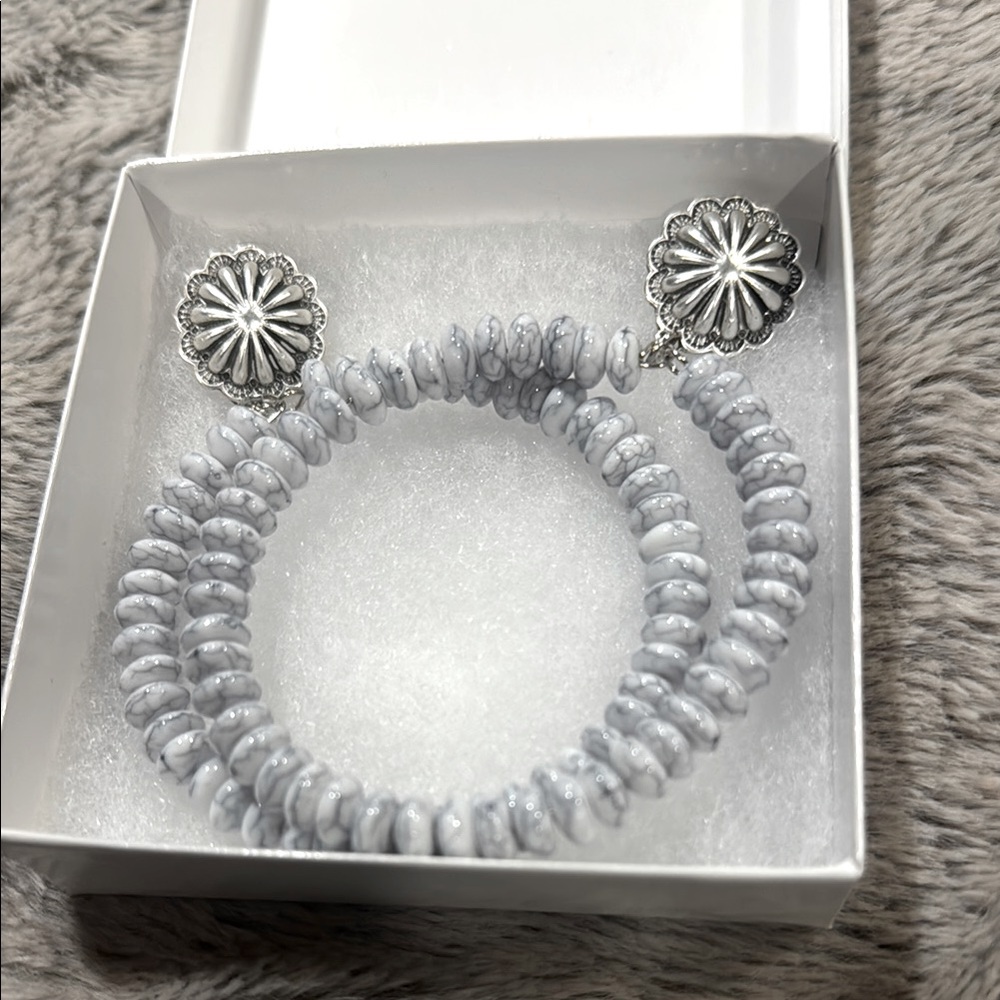 Western Style Silver and White Beaded Hoop Earrings